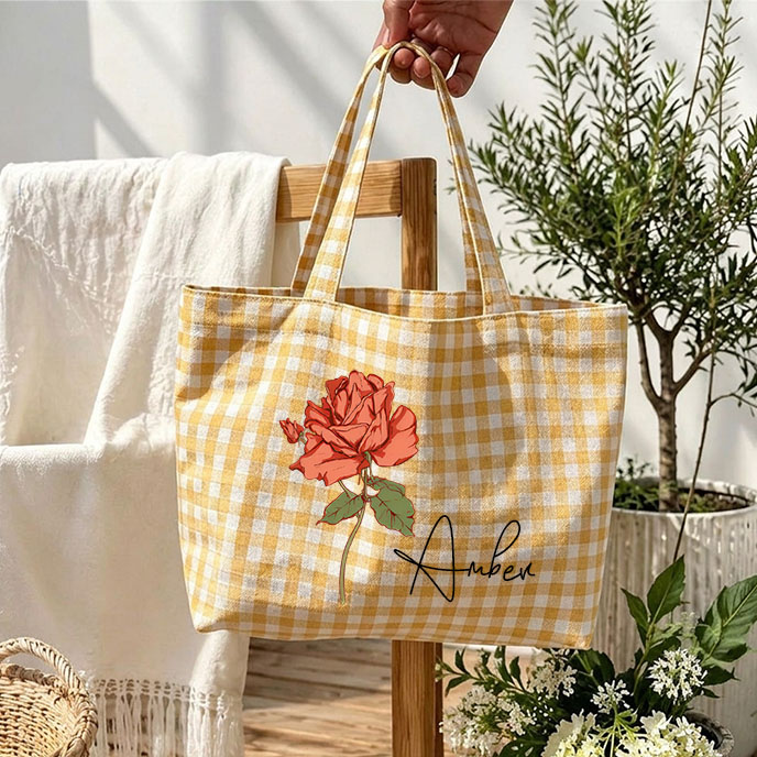Personalized Crochet Tool Storage Tote Bag Gingham Tote Bag Custom Name with Birth MonthCanvas Tote Reusable Shopping Bag