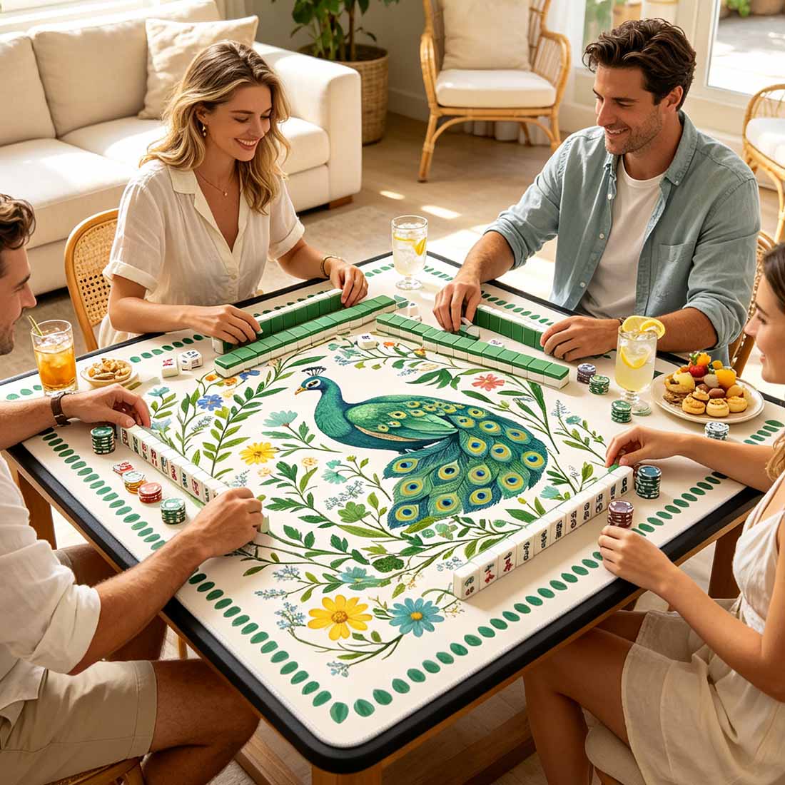 Preppy Chinoiserie Peacock Mahjong Mat Green Floral Tropical Game Night Tile Game Table Mat Gift for Players or Hosts