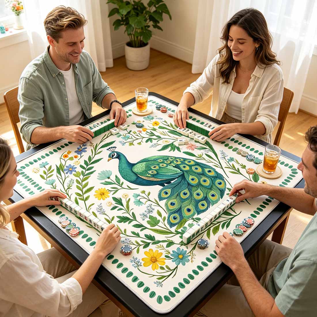 Preppy Chinoiserie Peacock Mahjong Mat Green Floral Tropical Game Night Tile Game Table Mat Gift for Players or Hosts