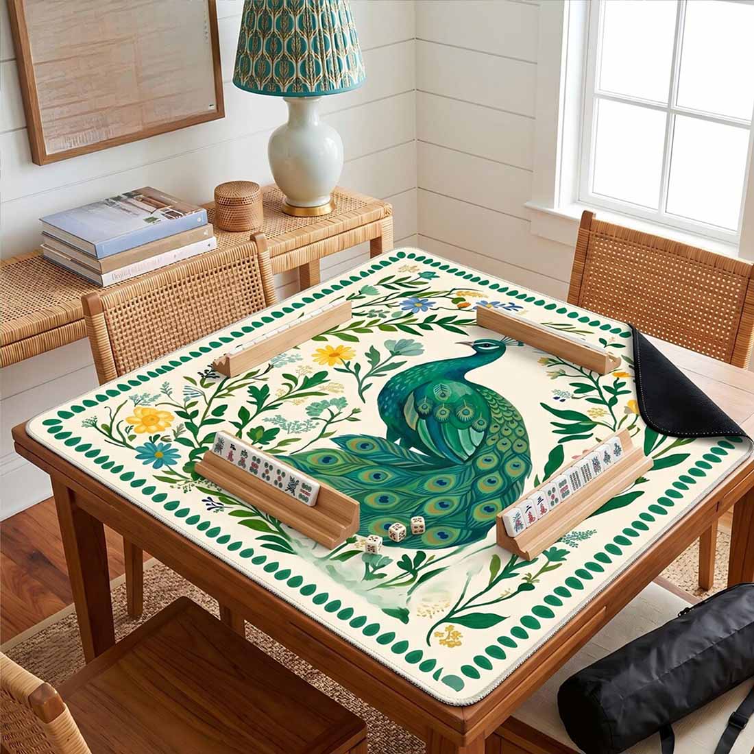 Preppy Chinoiserie Peacock Mahjong Mat Green Floral Tropical Game Night Tile Game Table Mat Gift for Players or Hosts