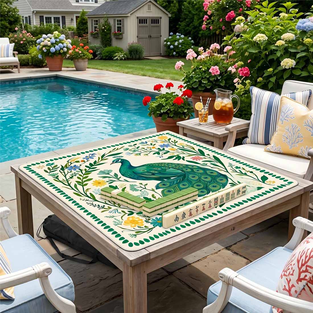 Preppy Chinoiserie Peacock Mahjong Mat Green Floral Tropical Game Night Tile Game Table Mat Gift for Players or Hosts
