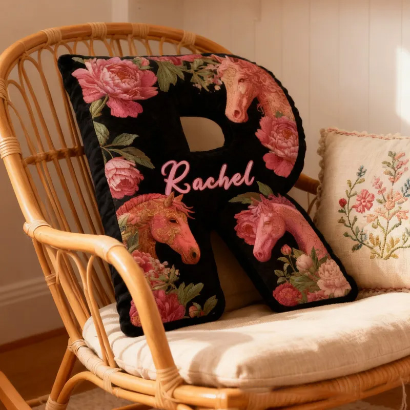 Personalized Riding Equestrian Floral Letter Pillow Horse Custom Name Festive Flower Decor with French Countryside Gifts for Family Graphic 3D Print for Riding Lovers Equestrian Lovers