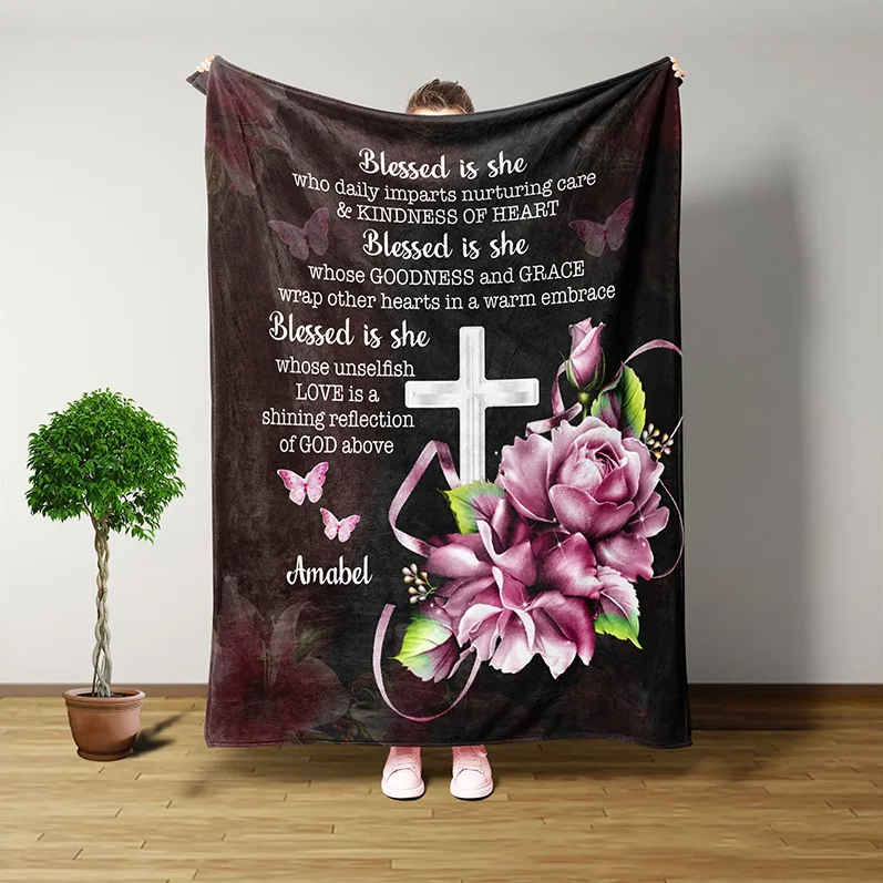 Personalized Blessed is She Soft Throw Blanket with Custom Name Christian Gifts for Women Cross Rose Inspirational Gifts for Her Religious Gifts