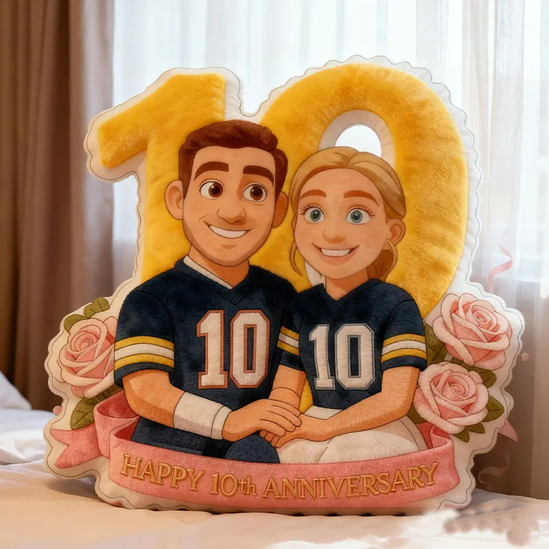 Personalized 10th Anniversary Football Player Pillow with Custom Couple Portrait and Romantic Floral Design Anniversary Gift Valentines Day