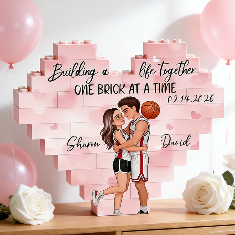 Personalized Basketball Couple Heart Building Block Building a Life Together One Brick at a Time  with Custom Names and Date Valentine's Day Gift