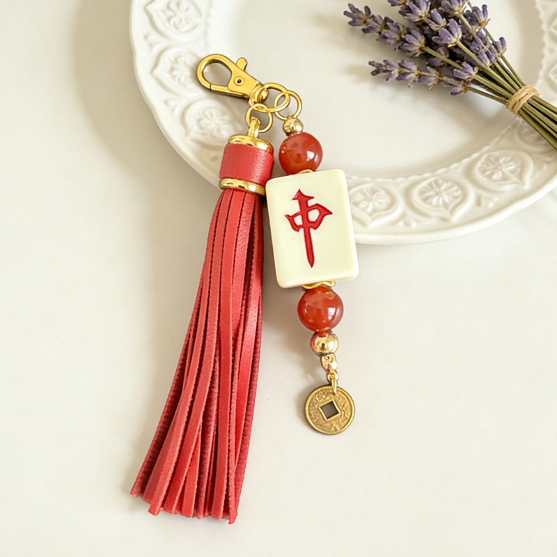 Handmade Mahjong Tile Bag Charm with Tassel Mixed Beads Mahjong Tile Keychain