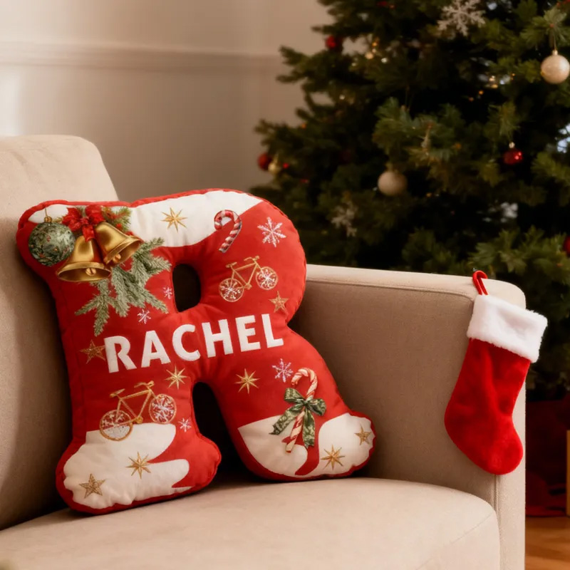 Personalized Red Christmas Letter Pillow Custom Name Festive Decor with Bicycle Snowflake Christmas Gifts for Family Graphic 3D Print Cycling Riding Lovers