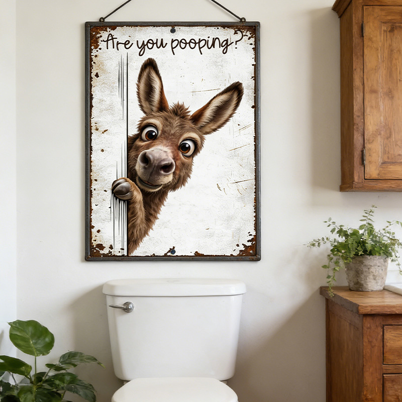 Are You Pooping Donkey Sign, Funny Farm Animal Decor, Peeking Donkey Rustic Metal Sign, Farmhouse Bathroom Humor Wall Art