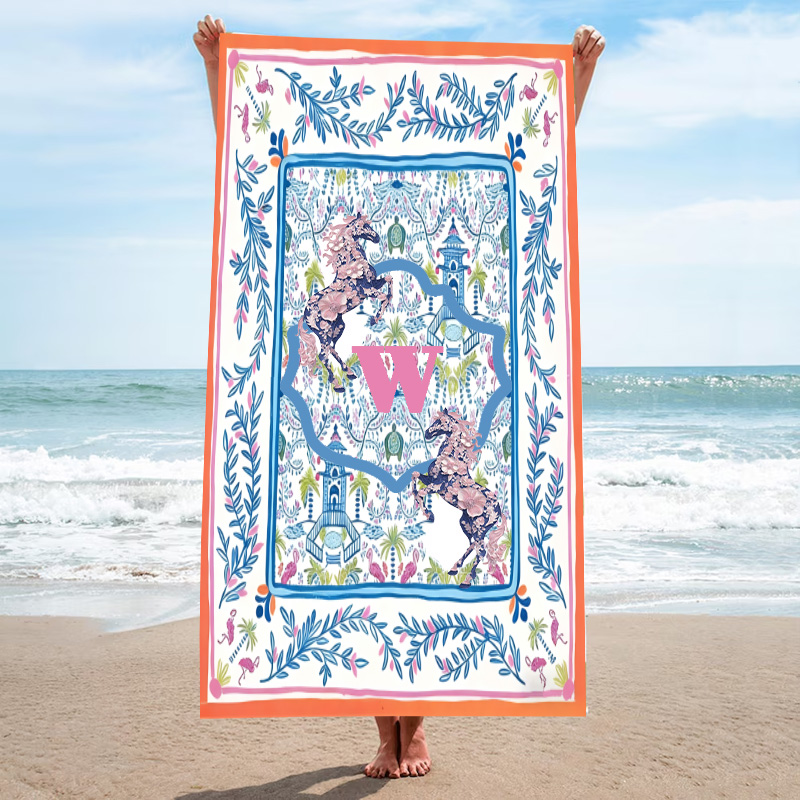 Personalized Monogram Chinoiserie Equestrian Floral Horse Quick-Dry Microfiber Beach Towel Beach Party Birthday Gift for Equestrian Lovers