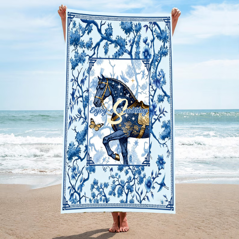 Personalized Monogram Chinoiserie Equestrian Blue and White Porcelain Horse Quick-Dry Microfiber Beach Towel Beach Party Birthday Gift for Equestrian Lovers