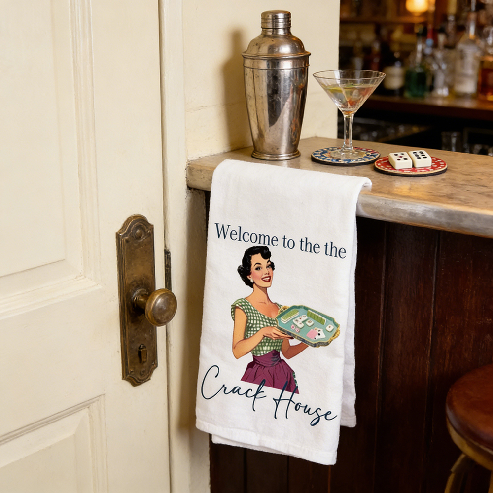 Welcome to the Crack House Mahjong Tea Towel – Fun Retro Kitchen Towel for Game Night and Laughs