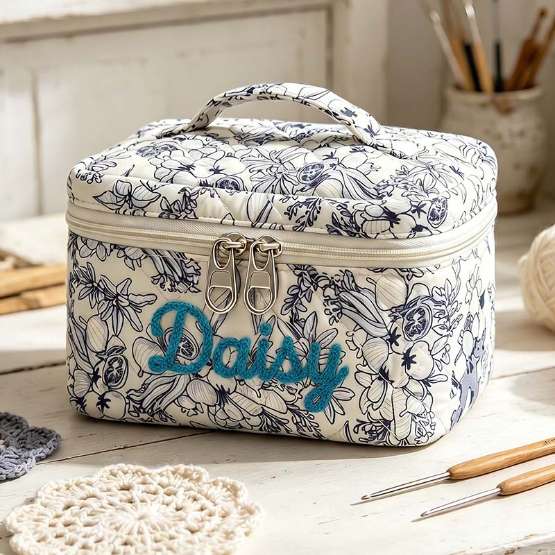 Personalized 3D Chenille Name Cotton Quilted Crochet Tool Storage Bag Large Small  Floral Crochet Tool Storage Bag Set Cute Coquette Pouch for Purse Aesthetic Cloth Flower Storage Bag Organizer