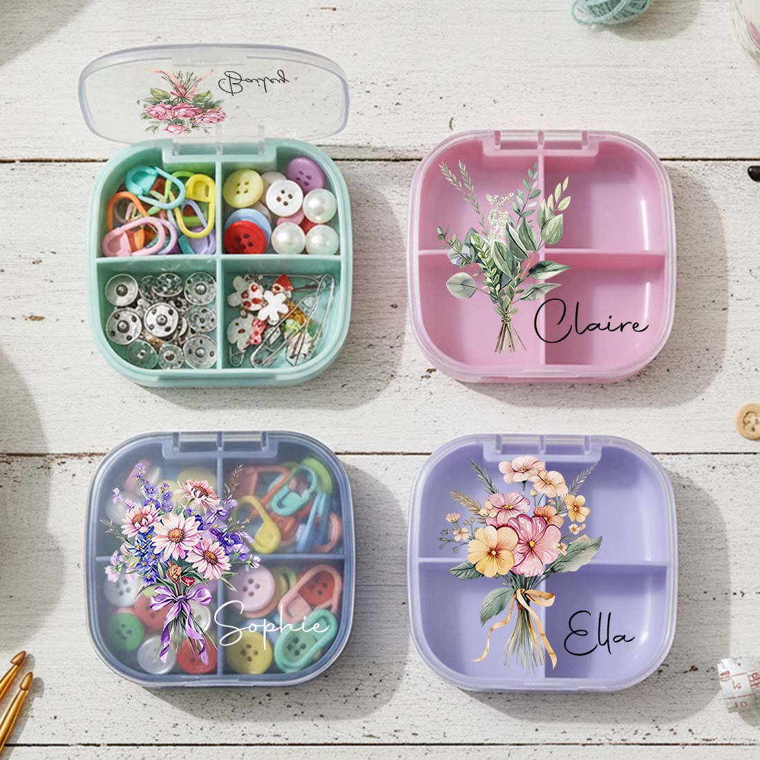 Personalized Knitting Crochet Tool Case Mini Storage Box Custom Name with Birth Flower Crochet Notions Organizer 4 Compartments Multi Section Stitch Markers Point Protectors Tools Travel Compartments Case