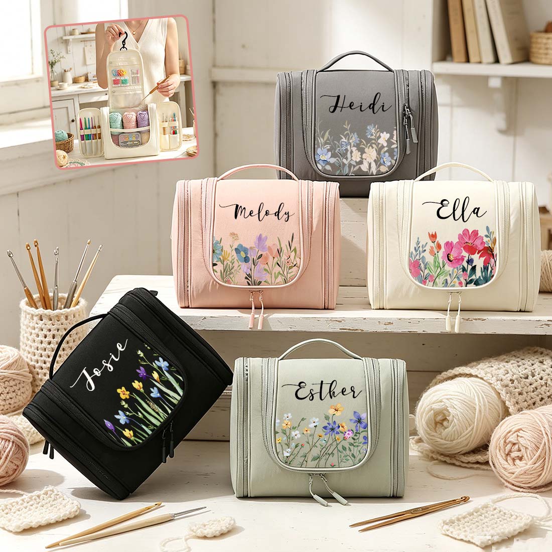 Personalized Crochet Storage Bag Water Resistant Crochet Storage Bag with Hanging Hook Custom Floral Crochet Tool Storage Bag Portable Crochet Tool Storage Bag Large Capacity Multiple Pockets Organizer Bag