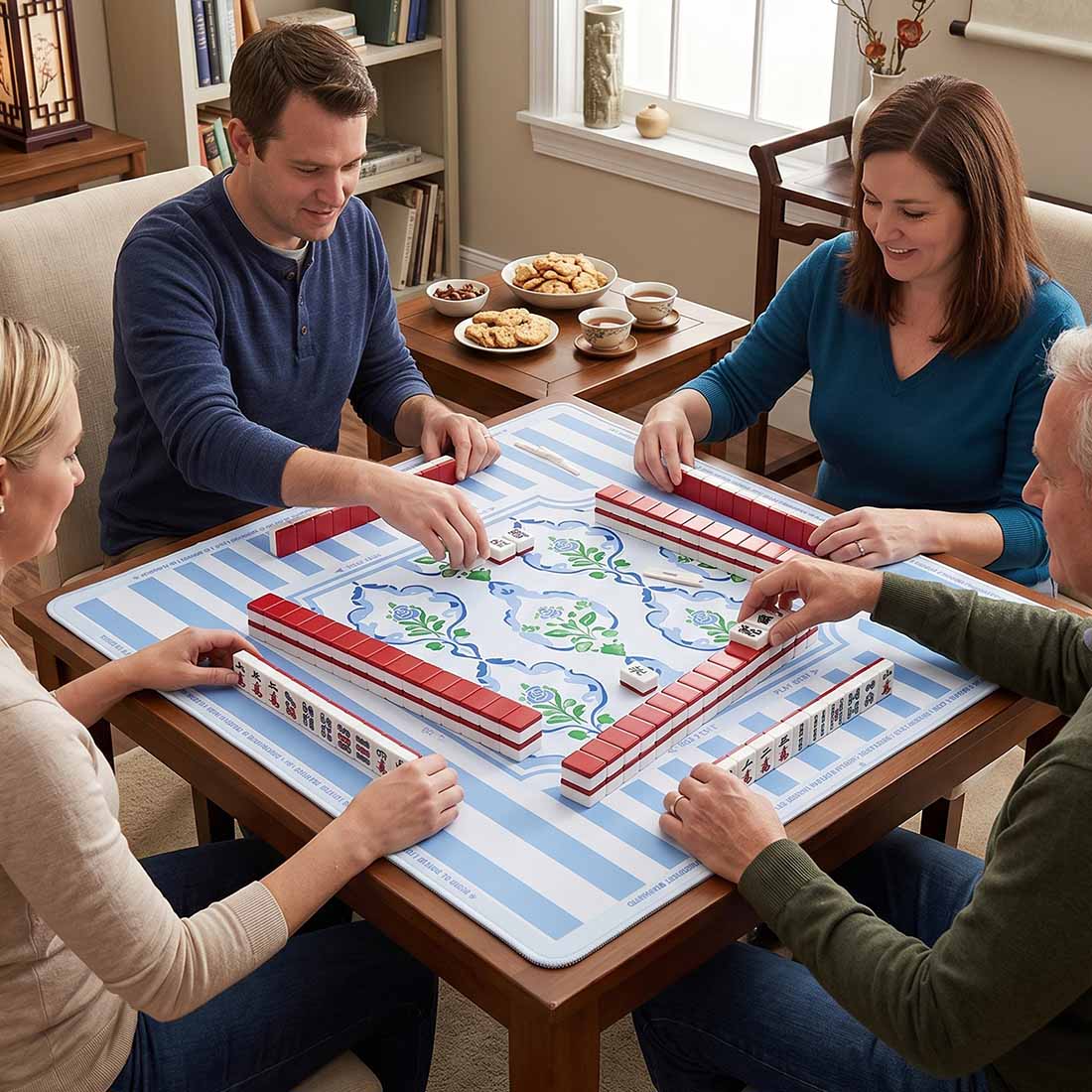 Mahjong Mat Chinoiserie Blue and Green Neoprene Instructional Table Mat