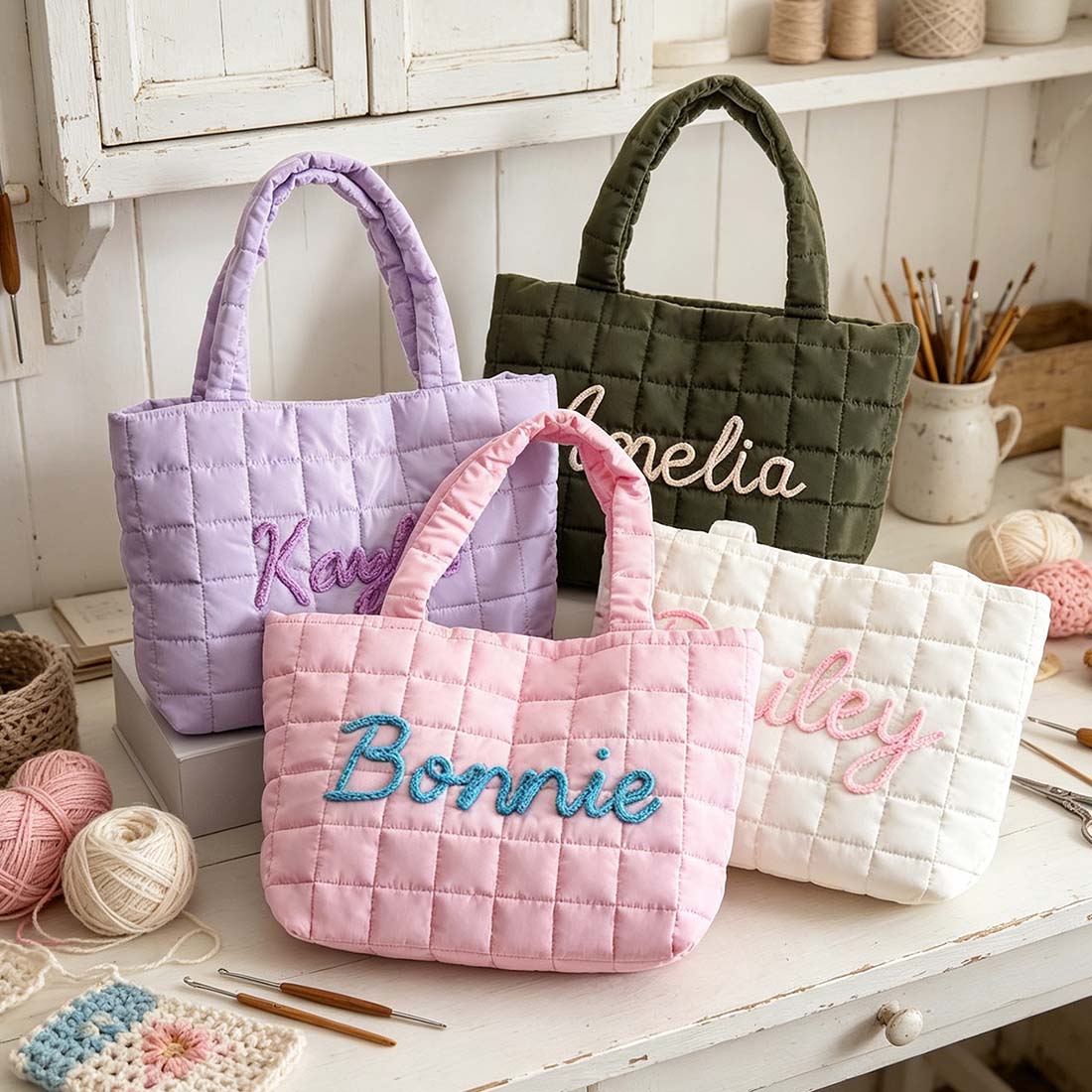 Personalized Crochet Tool Storage Tote Bag, Nylon Quilted Tote Bag, Custom Cotton Rope Embroidery Name Shoulder Tote