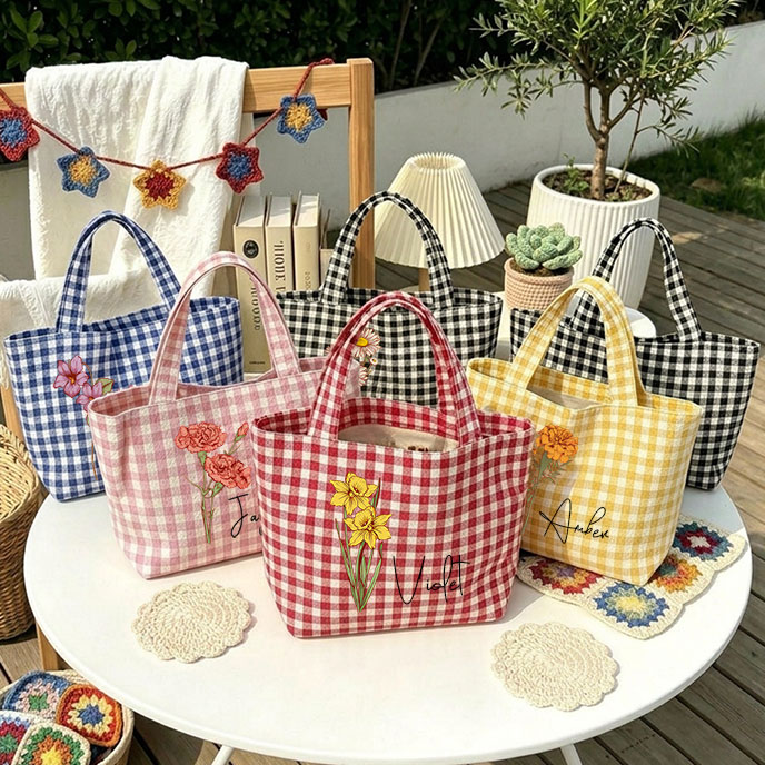 Personalized Crochet Tool Storage Tote Bag Gingham Tote Bag Custom Name with Birth MonthCanvas Tote Reusable Shopping Bag