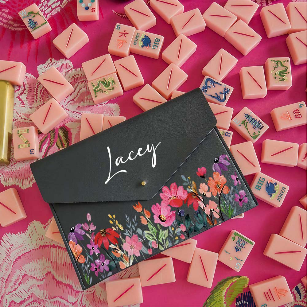Mahjong Card Case Personalized Gift Monogram Holder Leather Clutch Card Storage Game Accessory Custom Name with Flower