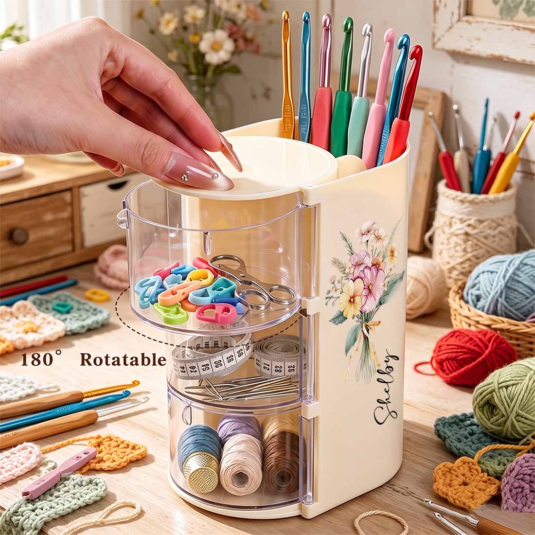 Rotary Crocheting Tools Storage Box Transparent Dust Multi Layer Square Crochet Tools Storage Rack