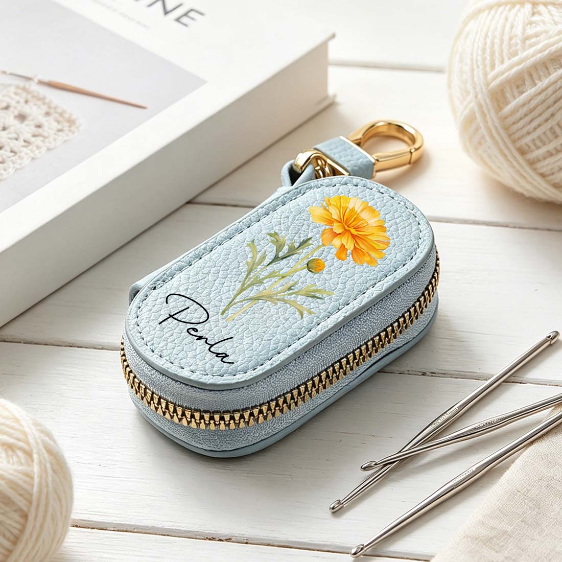 Personalized Knitting Crochet Notions Bag Mini Storage Bag Stitch Markers Point Protectors Tools Custom Name with Birth Flower