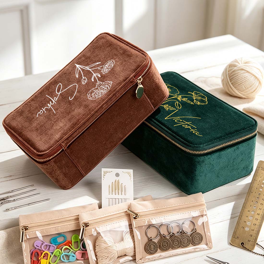Personalized Plush Velvet Knitting Crochet Notions Case Box Portable Storage Box Section Stitch Markers Custom Name with Birth Flower