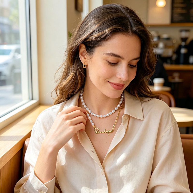 Personalized Pearl Name Necklace for Her Girlfriend Valentine's Day Gift Delicate Pearl & Paperclip Chain Necklace Anniversary Name Jewelry Necklace for Women Birthday Gift for Women
