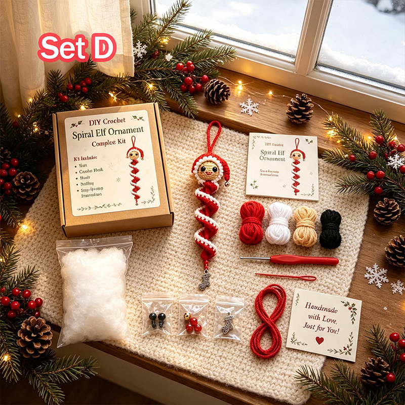 Christmas Crochet Ornament Kit, Soft Cotton Yarn DIY Spiral Santa Snowman Hanging Decor Material Pack, Holiday Craft Gift