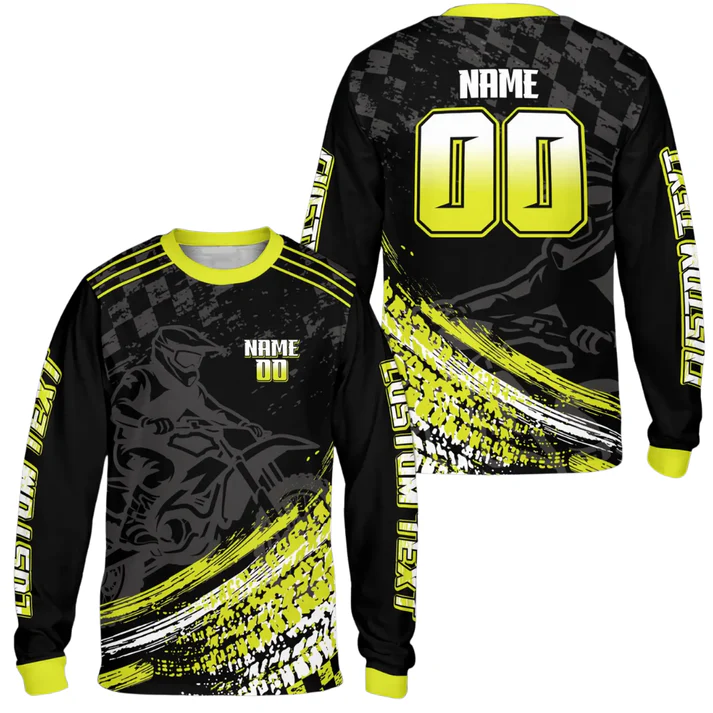 Personalized Green Grunge Checkered Motocross Custom Name Number Long Sleeve Racing Jersey