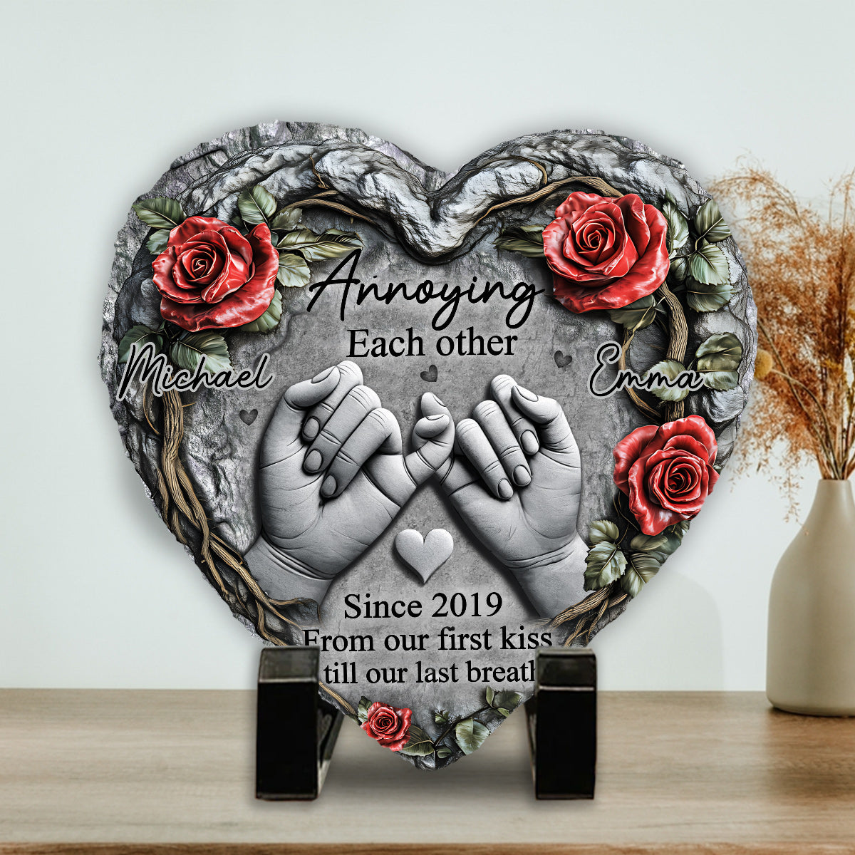 Personalized Couple From Our First Kiss Till Our Last Breath Heart Shaped Stone with Stand Custom Pinky Promise 3D Effect Stone Valentines Day Gift