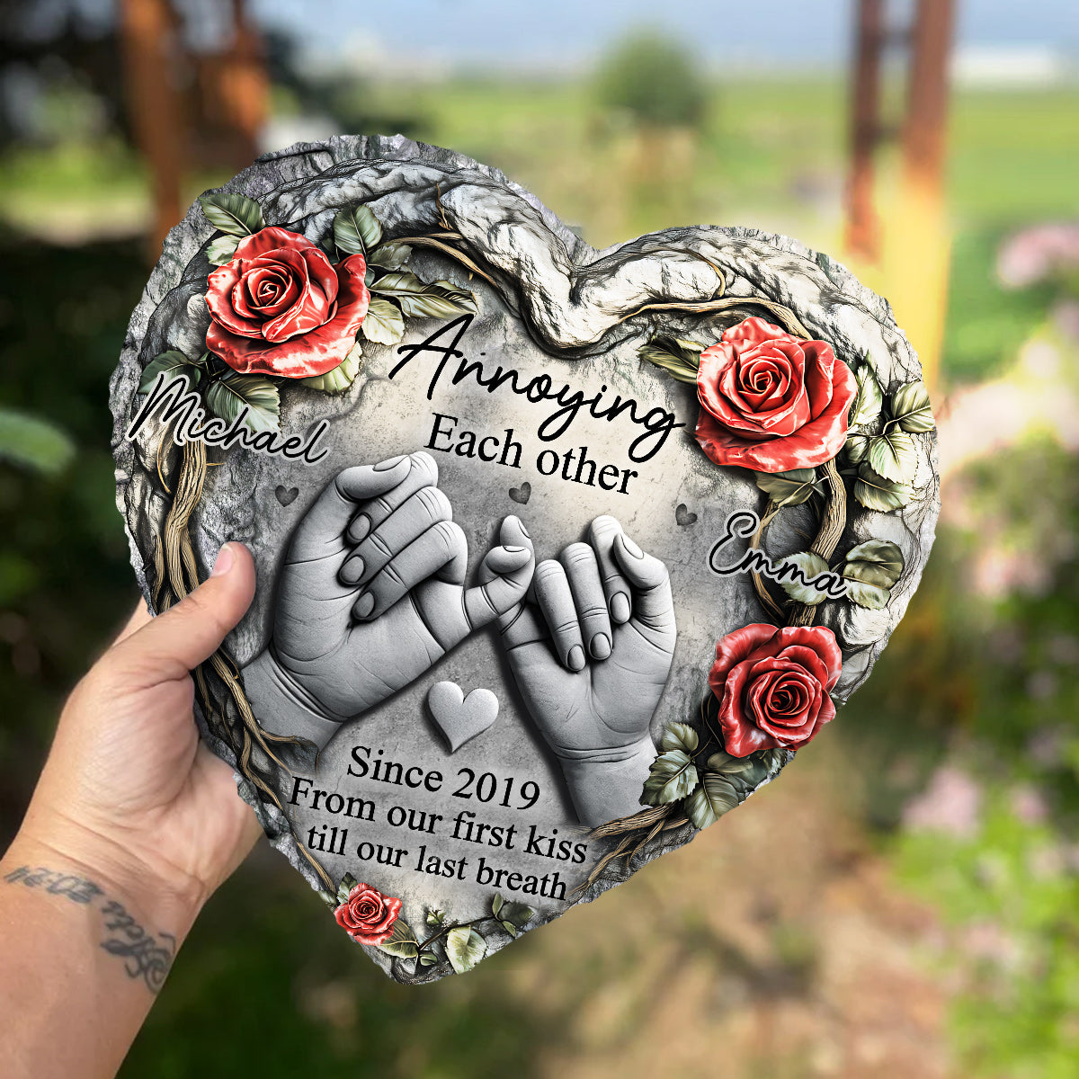 Personalized Couple From Our First Kiss Till Our Last Breath Heart Shaped Stone with Stand Custom Pinky Promise 3D Effect Stone Valentines Day Gift