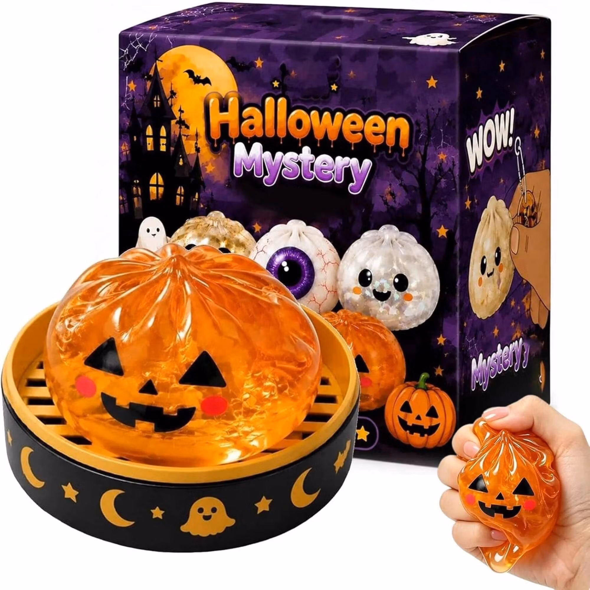 Halloween Mystery Glitter Dumpling Squishy Box Set Ghost Pumpkin Eyeball Design Soft Stress Relief Fidget Toy Party Favor Gift