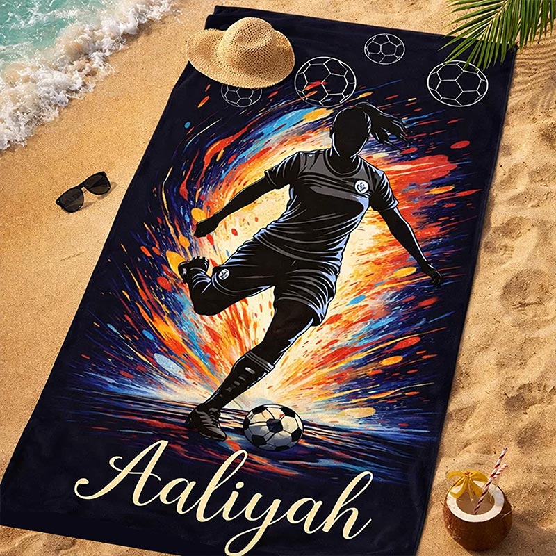 Personalized Soccer Beach Towel Kick of Fire Custom Name Gift for Soccer Lovers