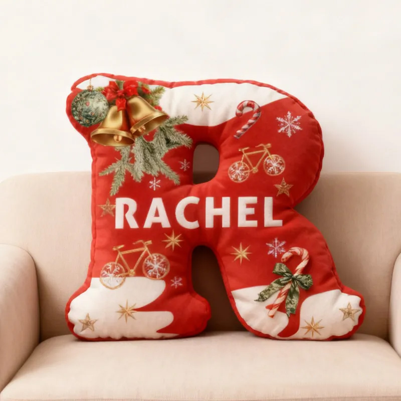 Personalized Red Christmas Letter Pillow Custom Name Festive Decor with Bicycle Snowflake Christmas Gifts for Family Graphic 3D Print Cycling Riding Lovers