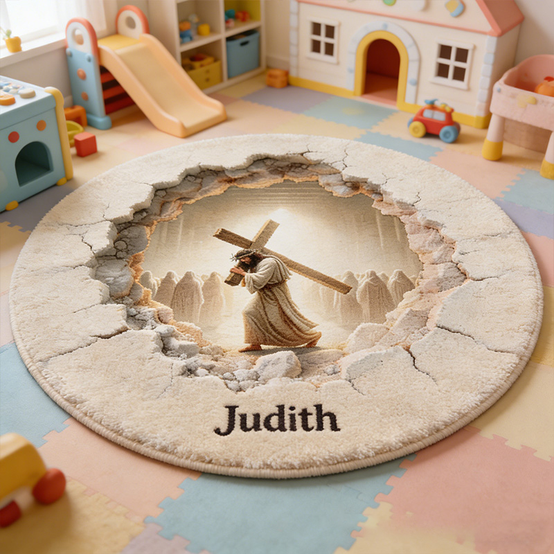 Personalize Beautiful 3D-Look Jesus Carrying Cross Rug with Custom Name Home Decor Religious Rug for Prayer Spaces Faith Gift Religious Christian Gift