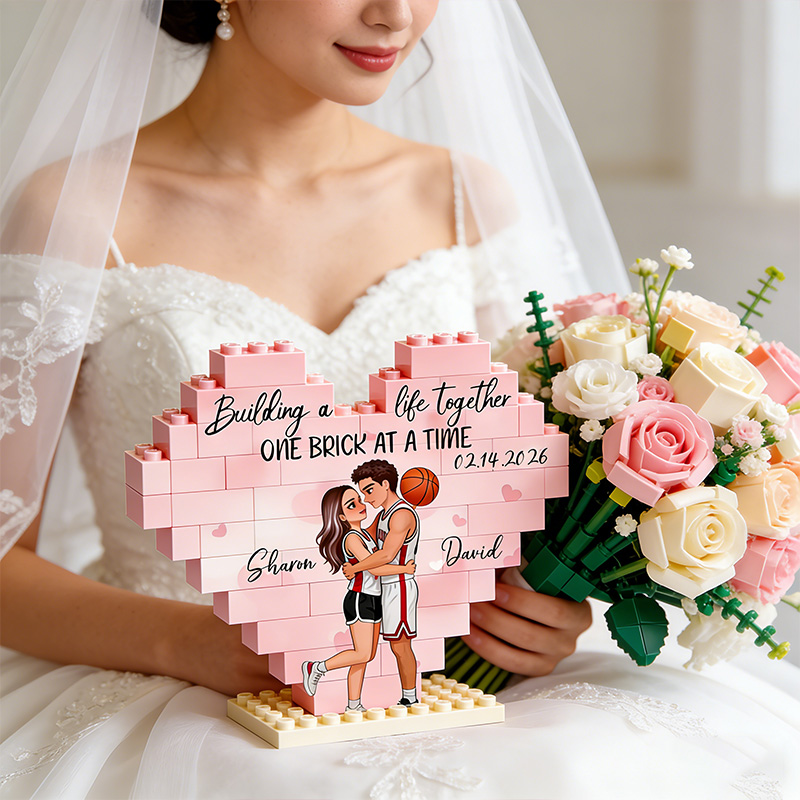 Personalized Basketball Couple Heart Building Block Building a Life Together One Brick at a Time  with Custom Names and Date Valentine's Day Gift