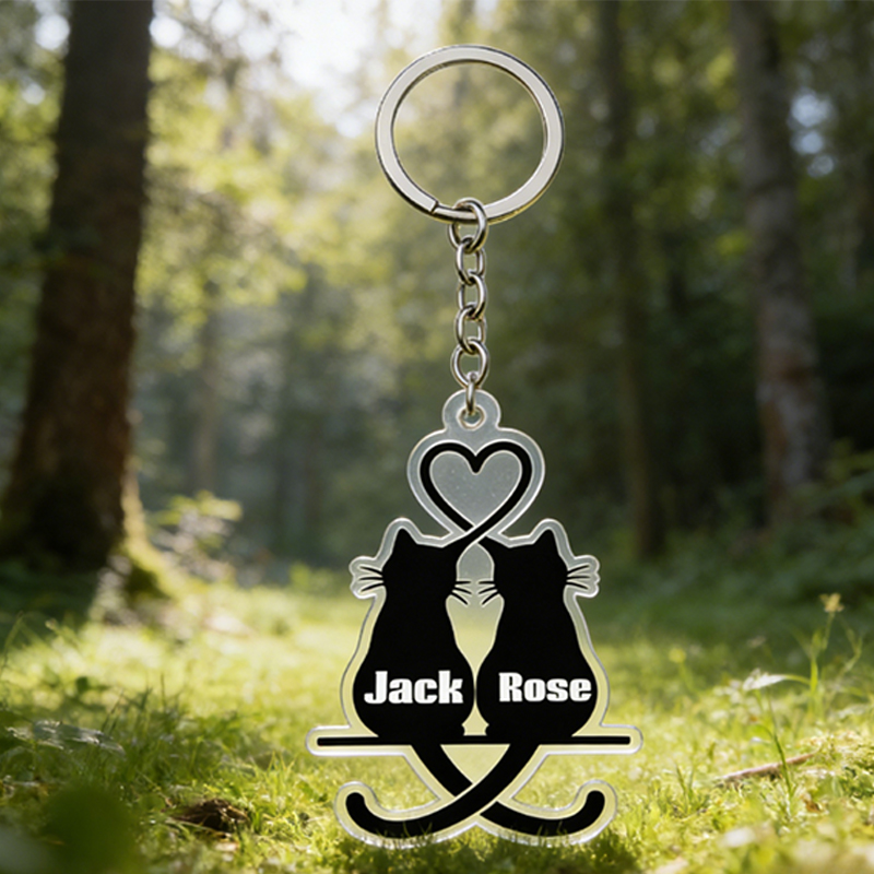 Personalized Snuggling Cats Keychain Couple Silhouette Engraved Key Ring Cute Gift for Couples Valentine's Day Present