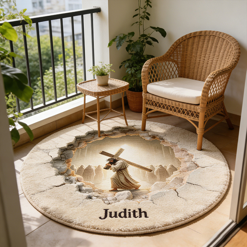 Personalize Beautiful 3D-Look Jesus Carrying Cross Rug with Custom Name Home Decor Religious Rug for Prayer Spaces Faith Gift Religious Christian Gift
