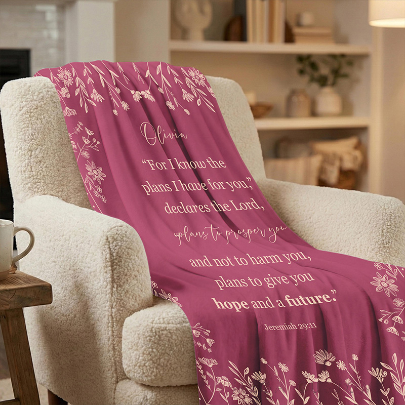Personalized Bible Verse Soft Throw Blanket with Custom Name Christian Blanket for Women Floral Religious Gift for Her Faith-Based Encouragement Gift
