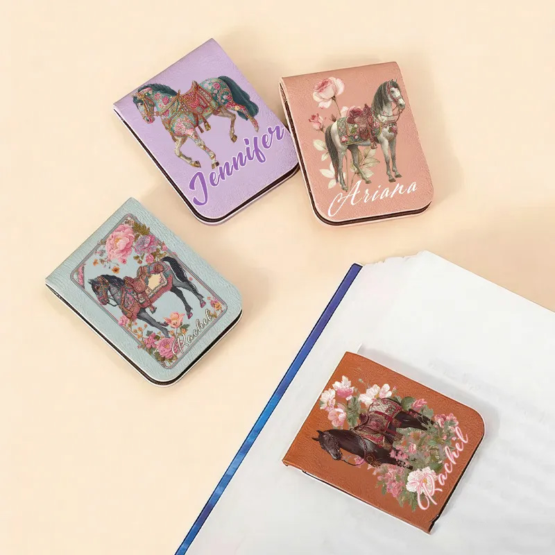 Personalized Horse PU Leather Magnetic Bookmark Clip with Name Daily Use Birthday Gift for Book Lovers Riding Lovers Equestrian Lovers