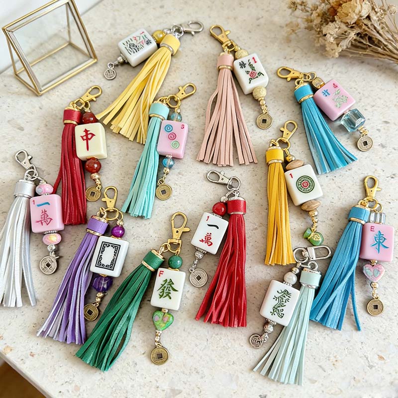 Handmade Mahjong Tile Bag Charm with Tassel Mixed Beads Mahjong Tile Keychain