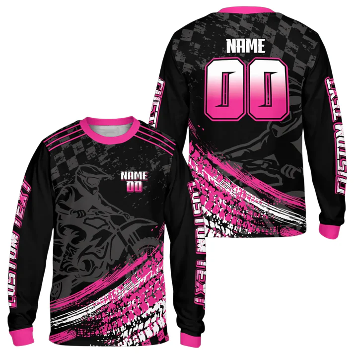 Personalized Green Grunge Checkered Motocross Custom Name Number Long Sleeve Racing Jersey