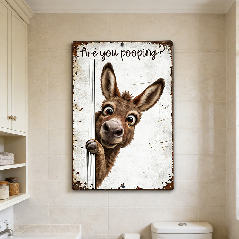Are You Pooping Donkey Sign, Funny Farm Animal Decor, Peeking Donkey Rustic Metal Sign, Farmhouse Bathroom Humor Wall Art