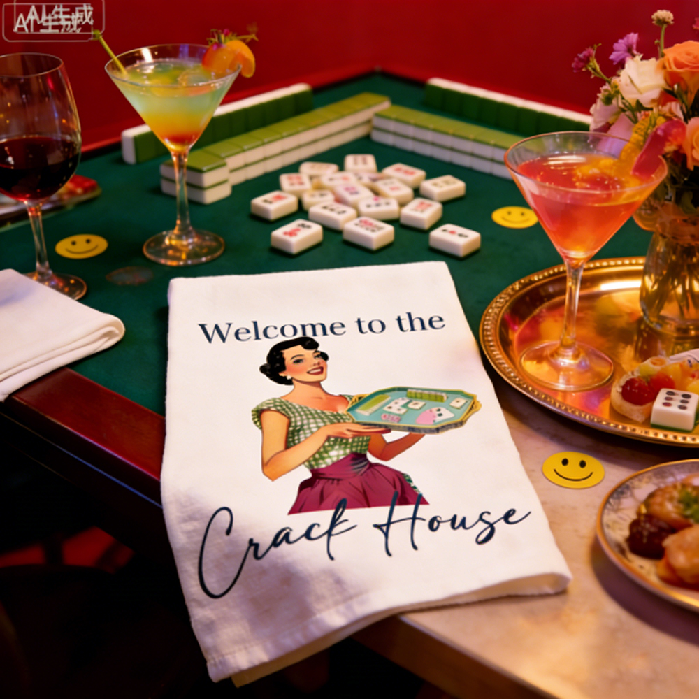 Welcome to the Crack House Mahjong Tea Towel – Fun Retro Kitchen Towel for Game Night and Laughs