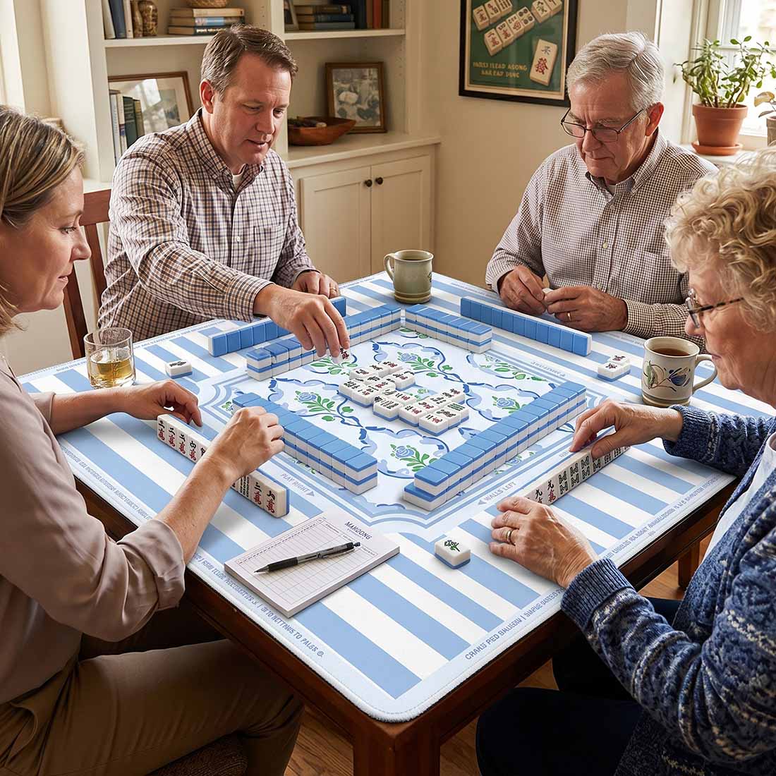 Mahjong Mat Chinoiserie Blue and Green Neoprene Instructional Table Mat