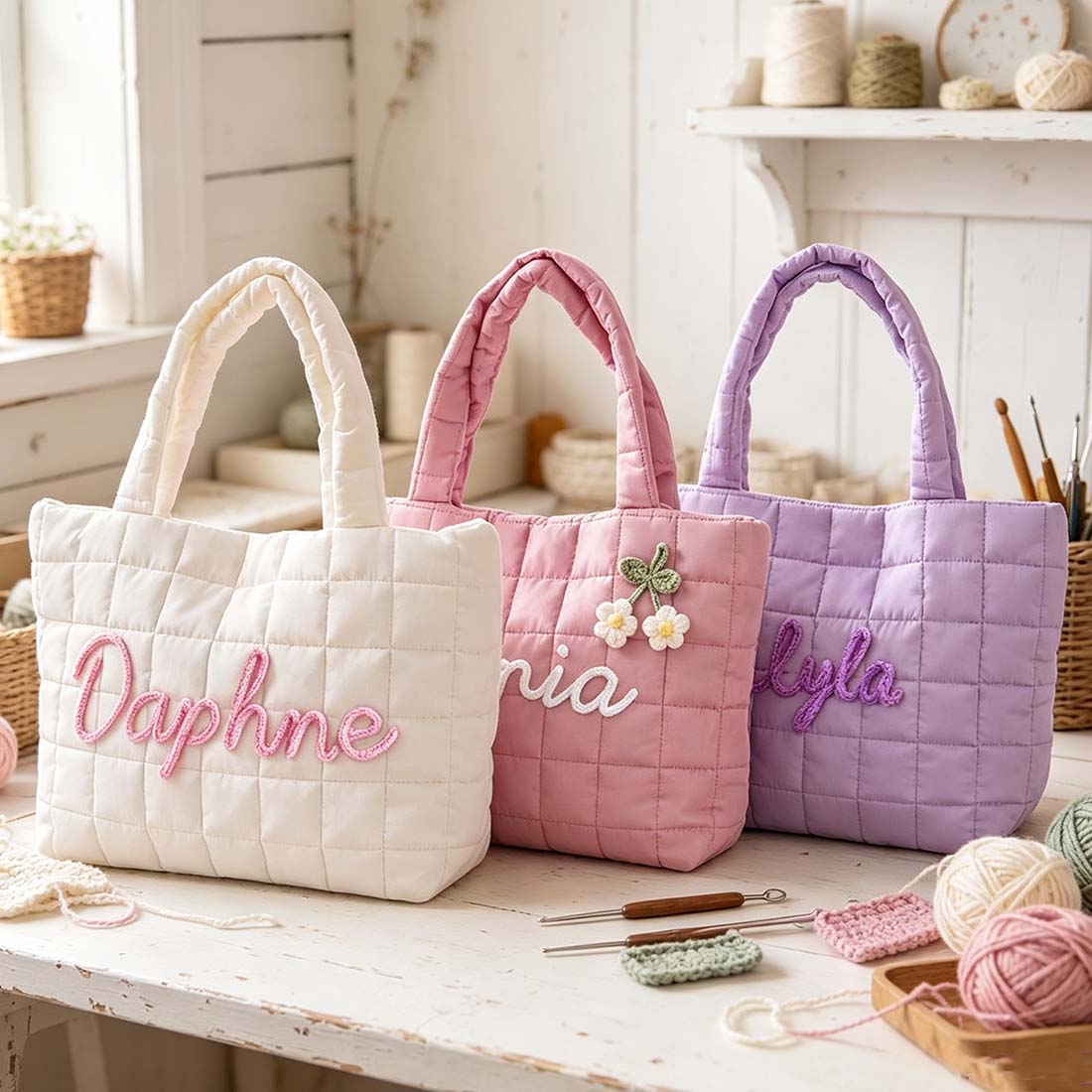 Personalized Crochet Tool Storage Tote Bag, Nylon Quilted Tote Bag, Custom Cotton Rope Embroidery Name Shoulder Tote