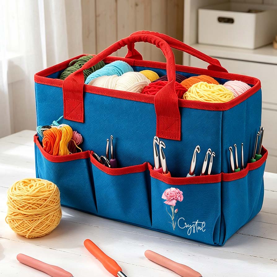 Personalized Crochet Tool Storage Tote Bag Custom Name with Birth Month Flower Premium Oxford Cloth Tote Reusable Storage Bags
