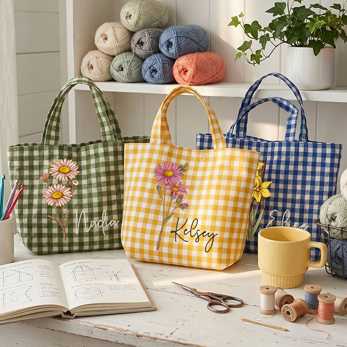Personalized Crochet Tool Storage Tote Bag Gingham Tote Bag Custom Name with Birth MonthCanvas Tote Reusable Shopping Bag