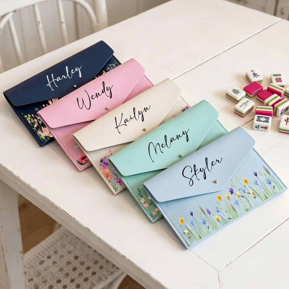 Mahjong Card Case Personalized Gift Monogram Holder Leather Clutch Card Storage Game Accessory Custom Name with Flower