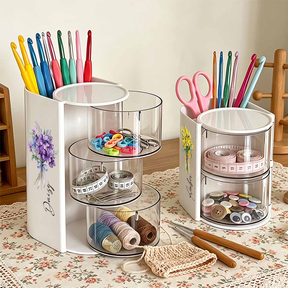Rotary Crocheting Tools Storage Box Transparent Dust Multi Layer Square Crochet Tools Storage Rack