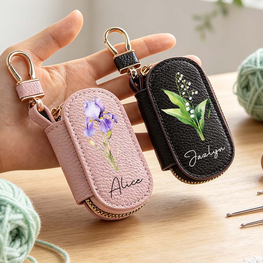 Personalized Knitting Crochet Notions Bag Mini Storage Bag Stitch Markers Point Protectors Tools Custom Name with Birth Flower